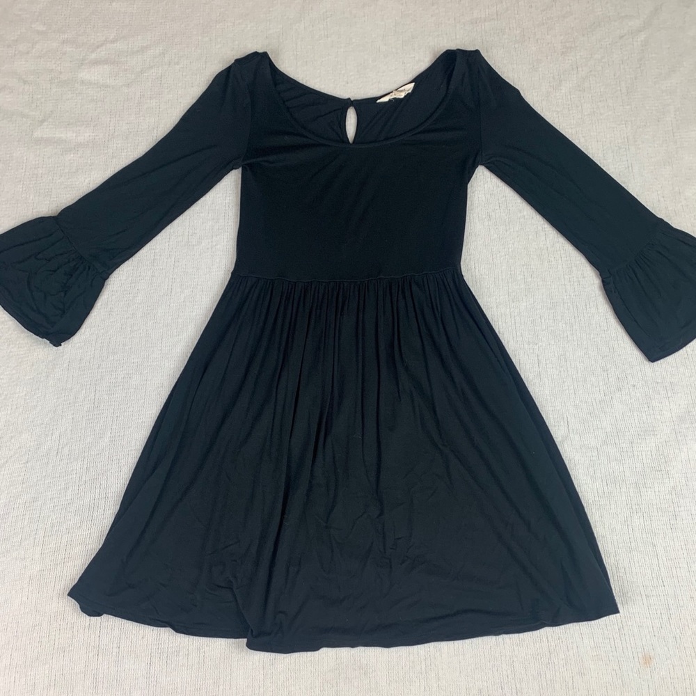 Black Bell Sleeve Dress with Buttons